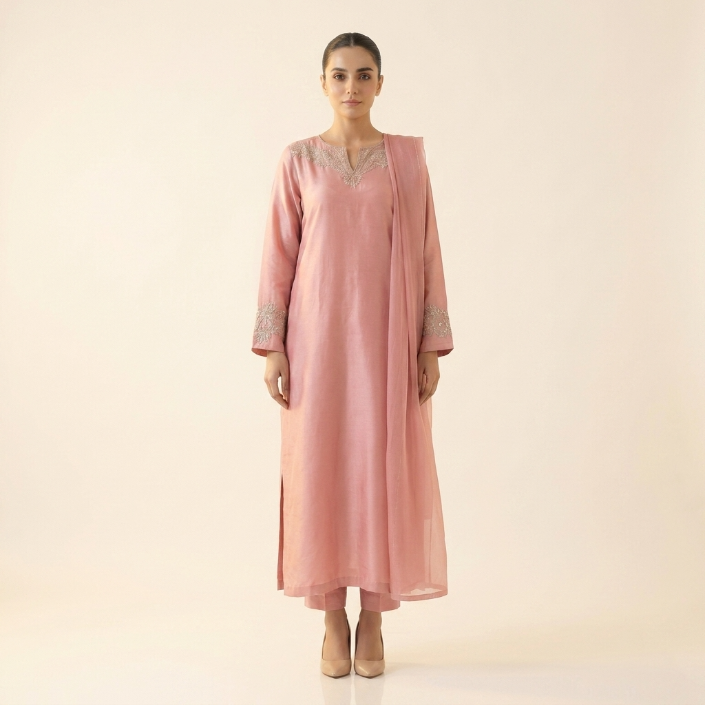 Light Pink Shine Stone Embroidered Silk Suit