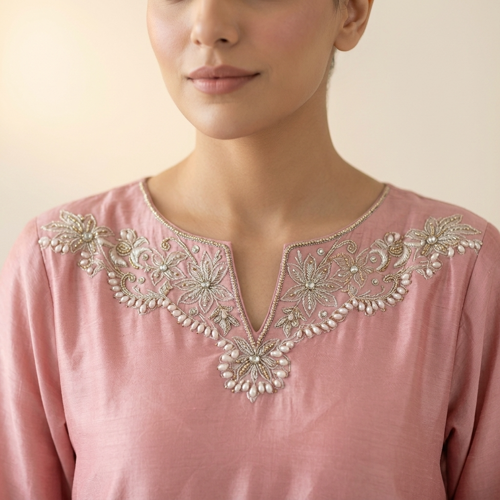 Light Pink Shine Stone Embroidered Silk Suit - Image 4