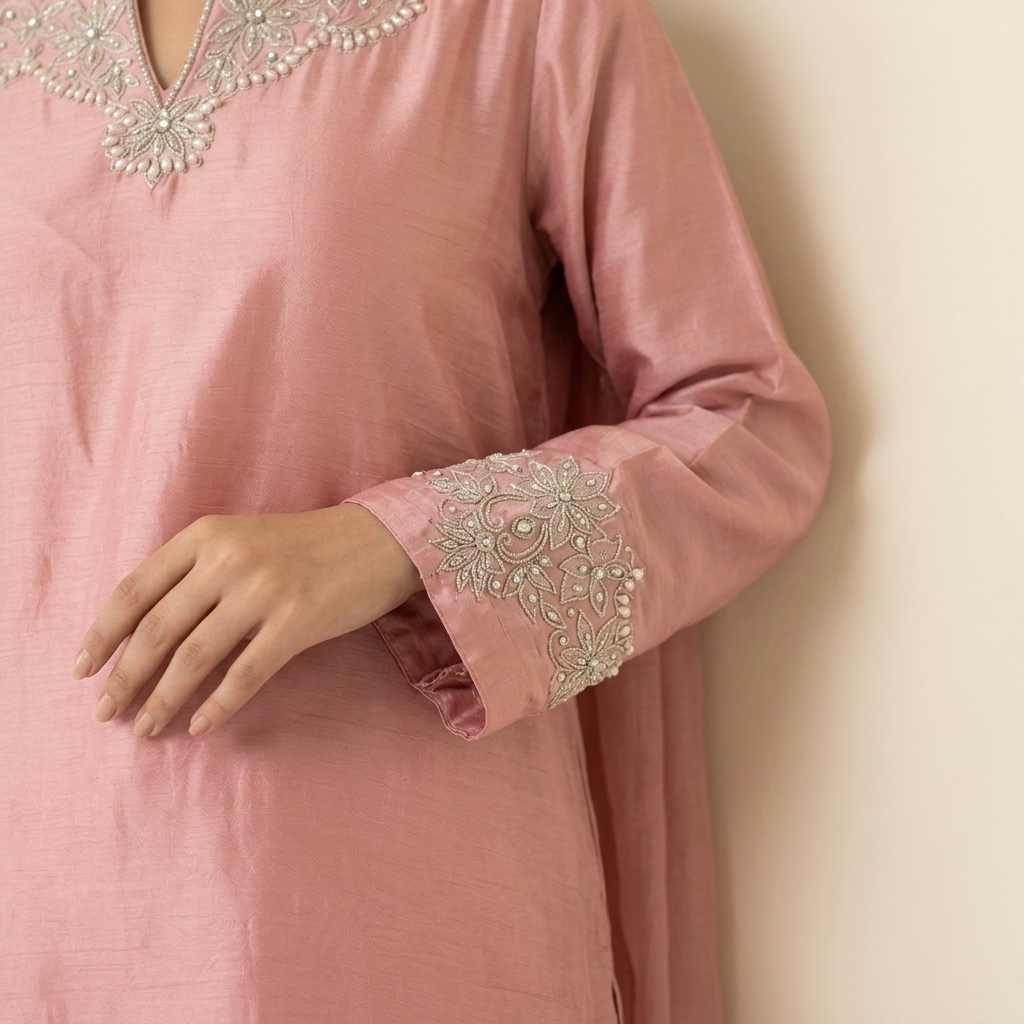 Light Pink Shine Stone Embroidered Silk Suit - Image 3