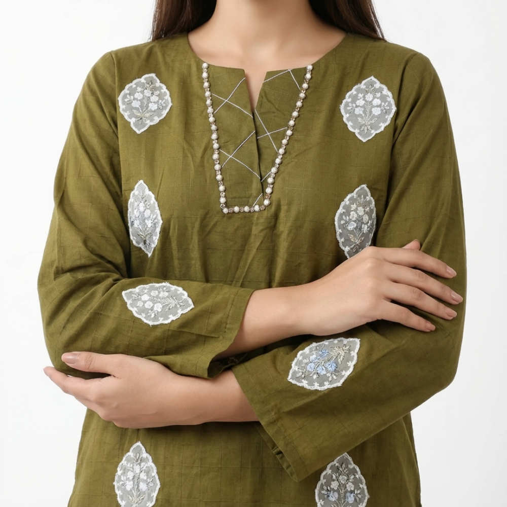 Olive Green Pearl Embellished Suit