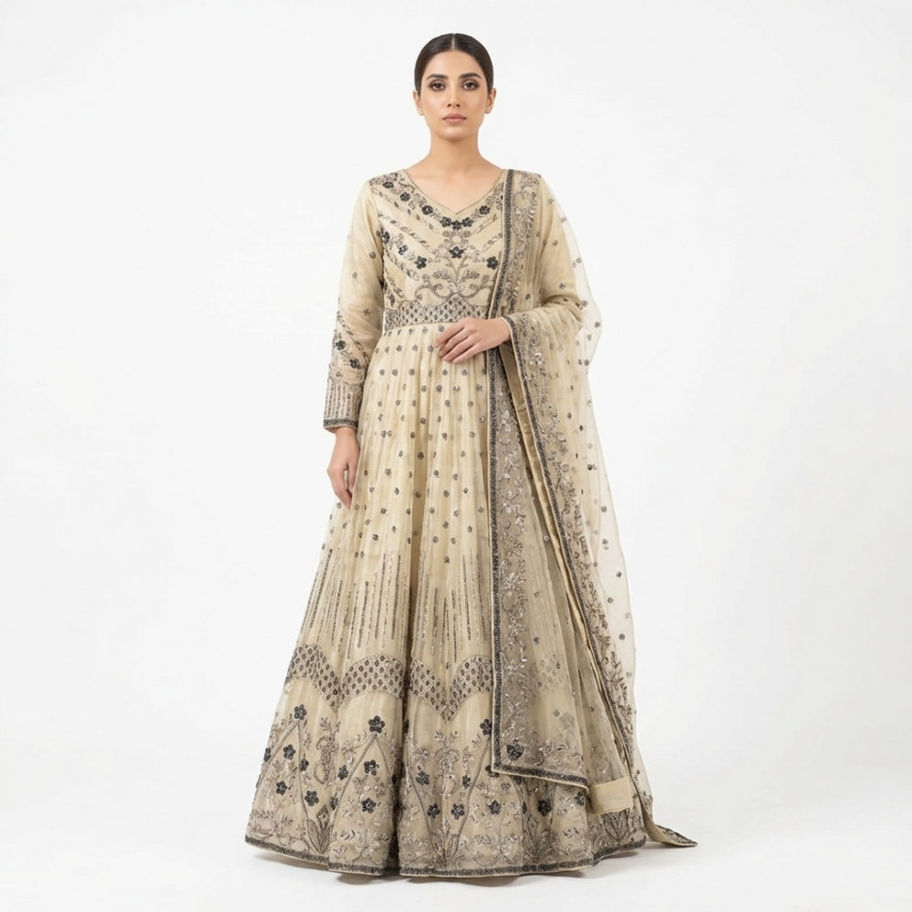 Beige Heavy Embroidered Net Suit