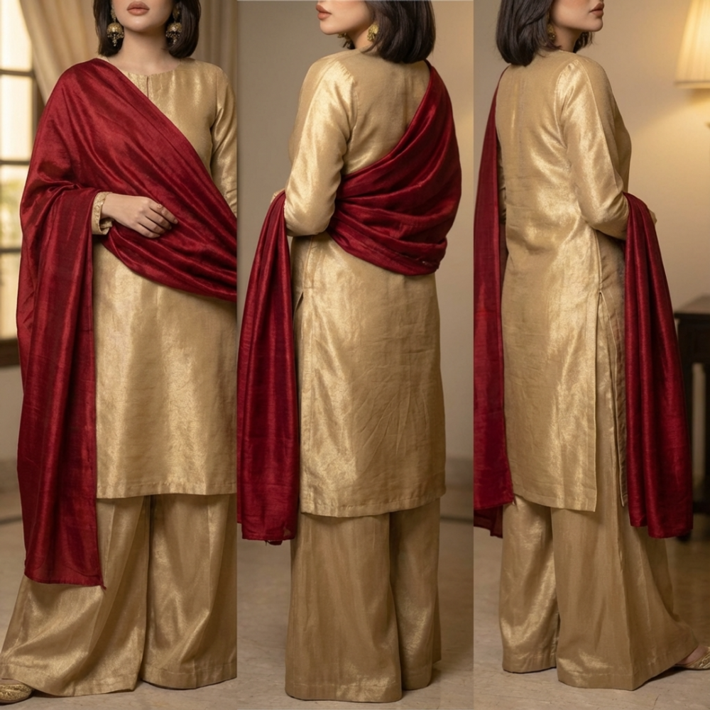Beige Banarsi Silk Embroidered Suit