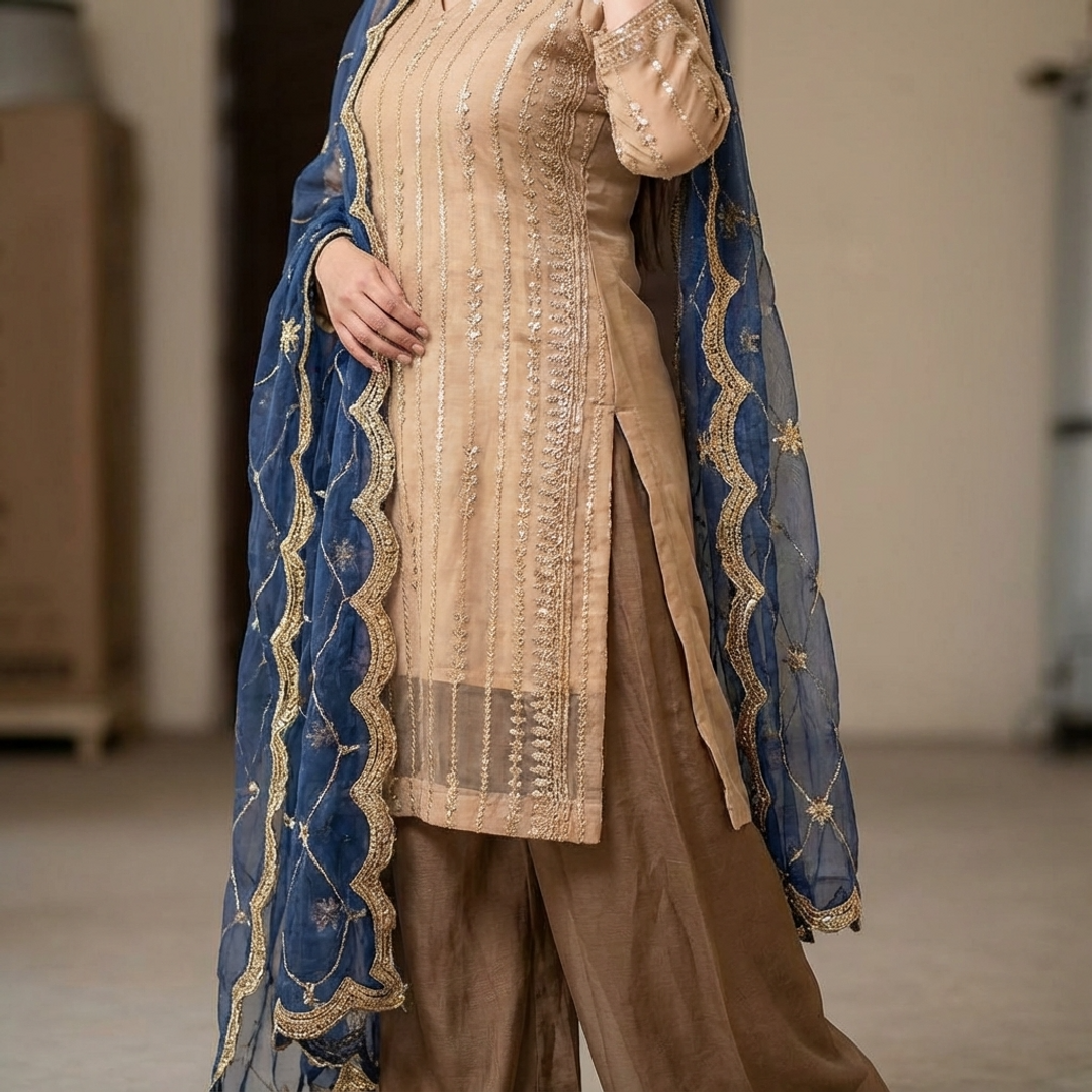 Beige Navy Embroidered Formal Suit