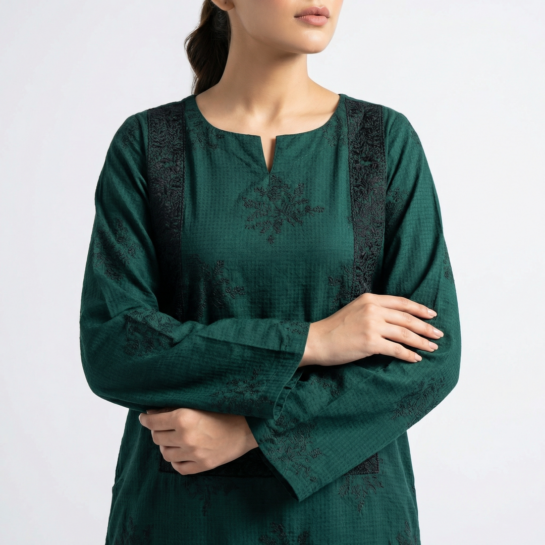 Dark Green Embroidered Lace 2-Piece Suit