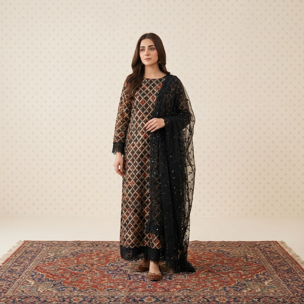 The Black & Gold Festive Tissue Embroidered 3-Piece Suit