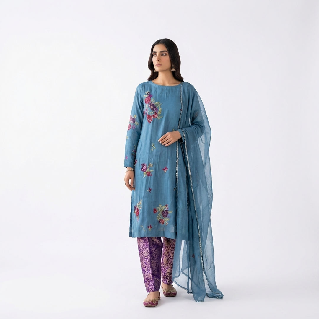 Olive Green Embroidered Suit with Purple Banarsi Trouser