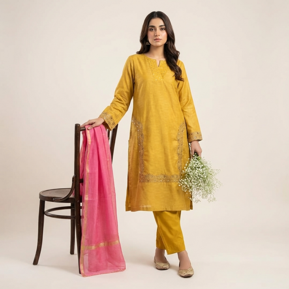 Mustard Embroidered ethnics Winter Suit with Pink Dupatta