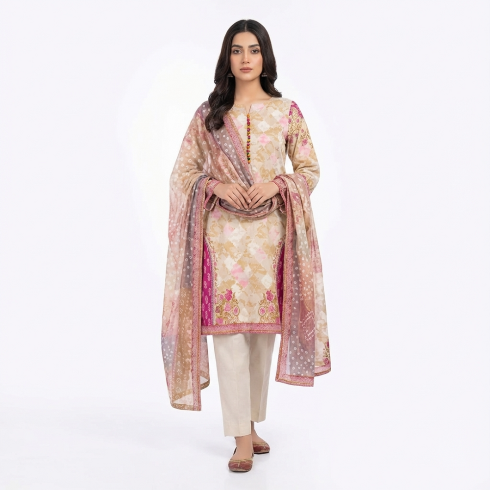 Beige Pink Floral Printed Suit