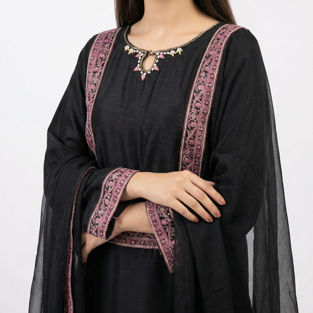 Black Gold Embroidered Silk 3-Piece Suit