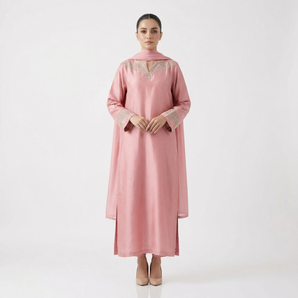 Rao silk kameez with LIGHT PINK SHINE stone embroidered neckline