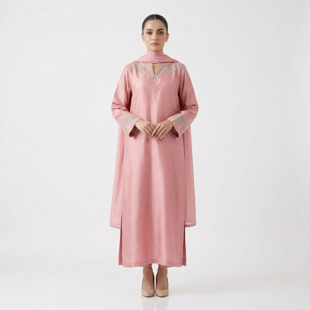 Light Pink Shine Stone Embroidered Silk Suit