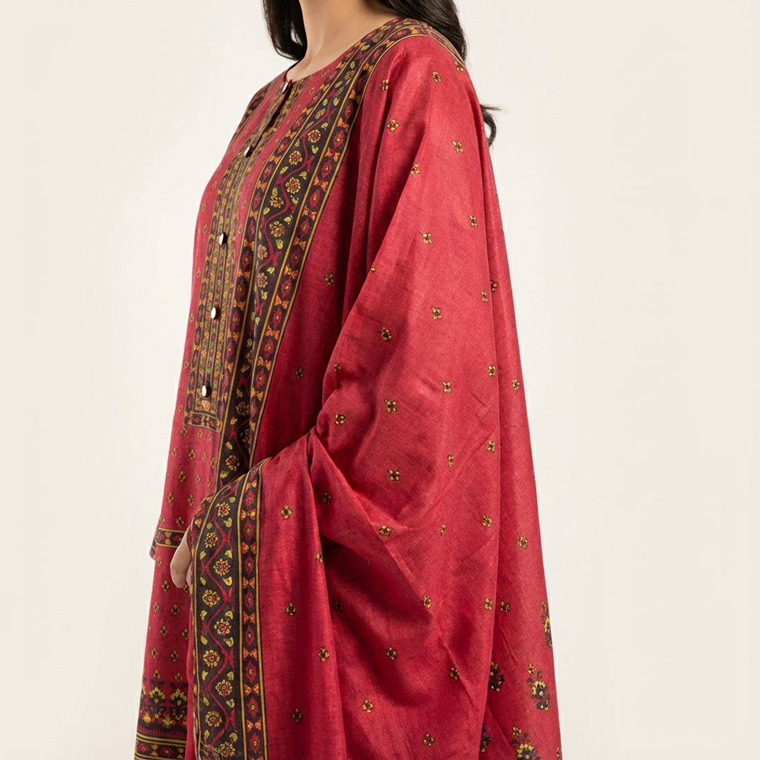 Rose Pink Ethnic Print Stitched 2-Piece Suit