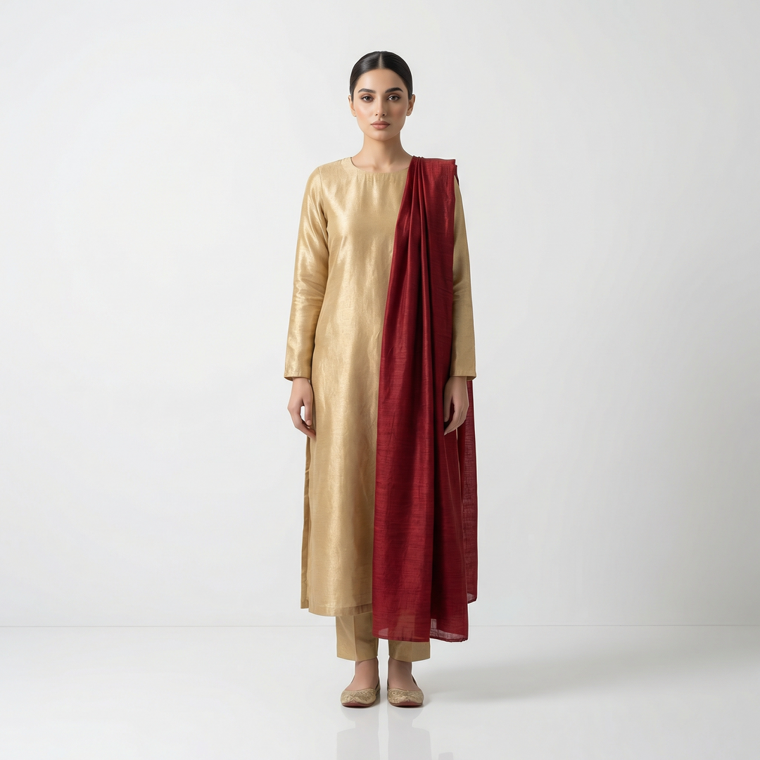 Golden Beige Jacquard Silk 3-Piece Suit