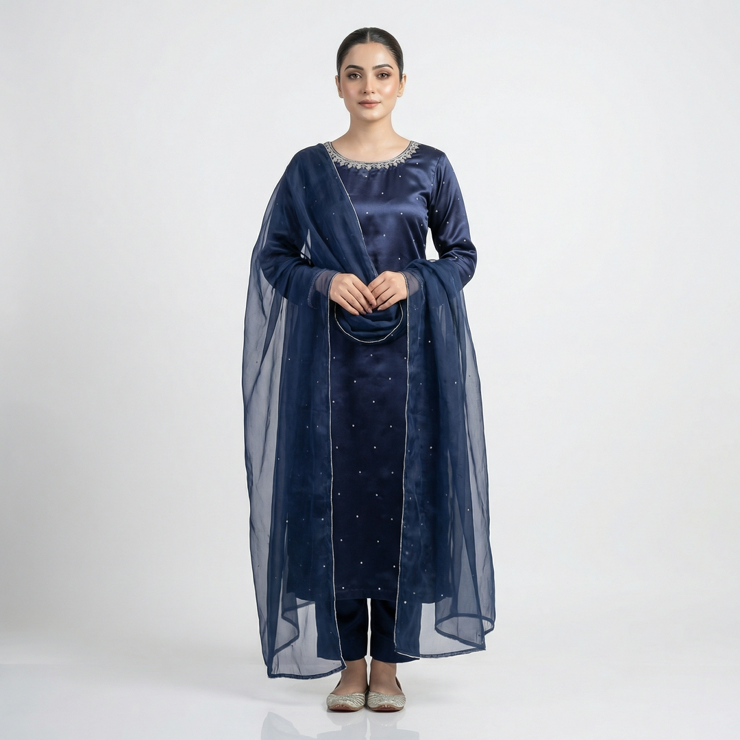 Navy Embellished Silk 3-Piece Suit